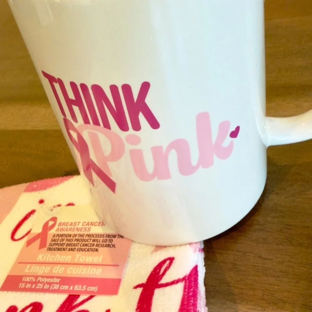 Think Pink Breast Cancer Awareness Kitchen Towel Coffee Mug Set New
